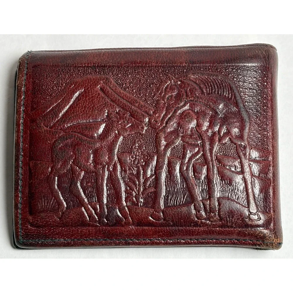 Vtg Mexican Tooled Leather Bifold Wallet Cowboy Boot Hair-On Cowhide DAMAGED